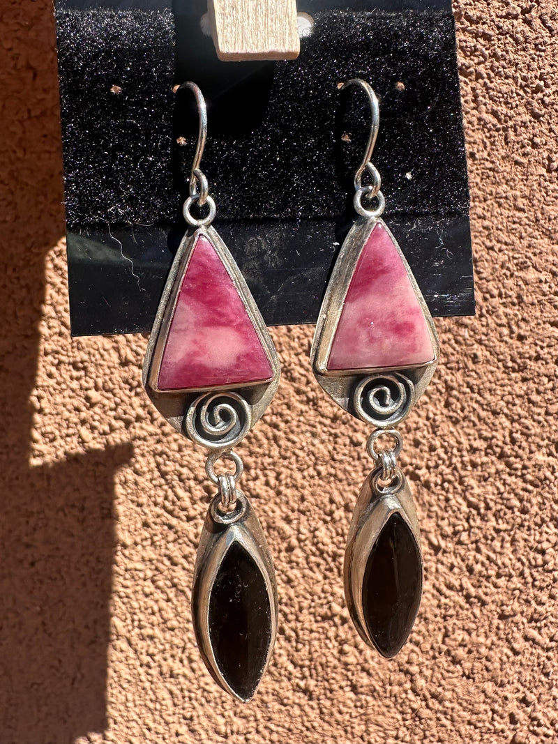 Rhodochrosite & Onyx Sterling Silver Earrings