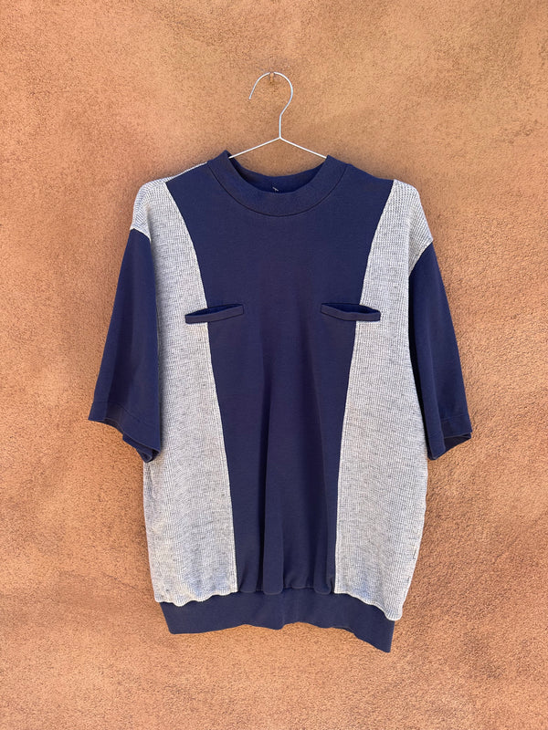 Short Sleeve Pocketed Sweatshirt Blue/Gray Waffle Knit