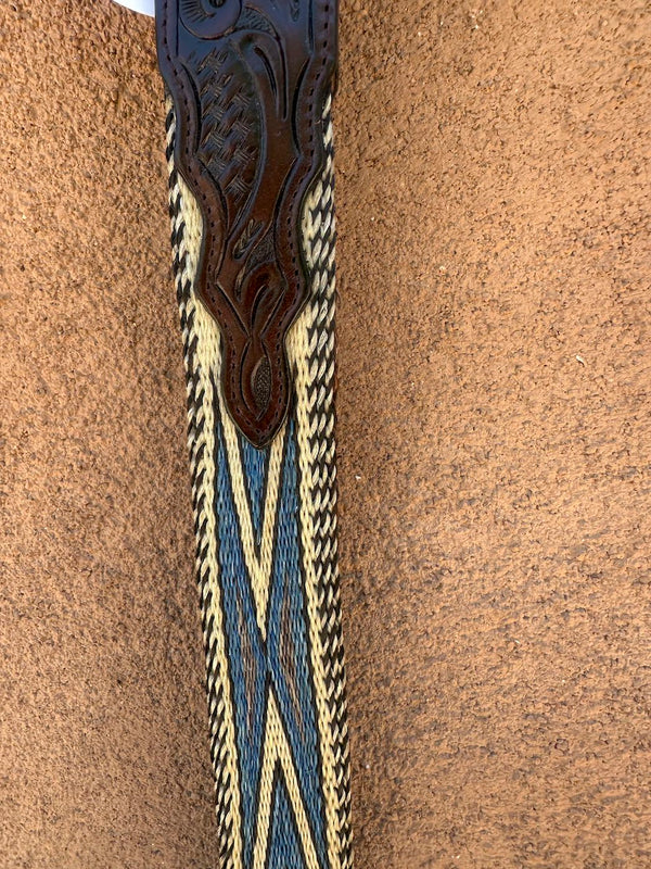 Blue & Brown Full Horsehair Tooled Leather Belt
