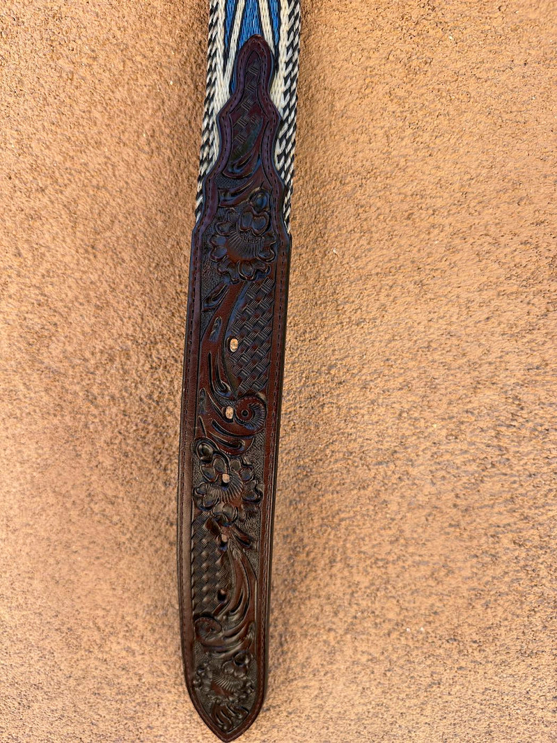 Blue & Brown Full Horsehair Tooled Leather Belt