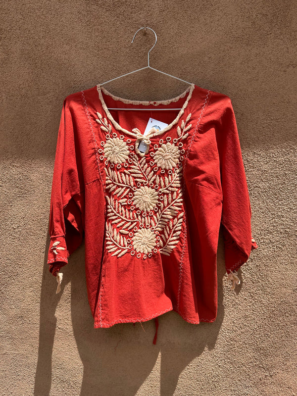 Rust Colored Embroidered Floral Mexican Blouse