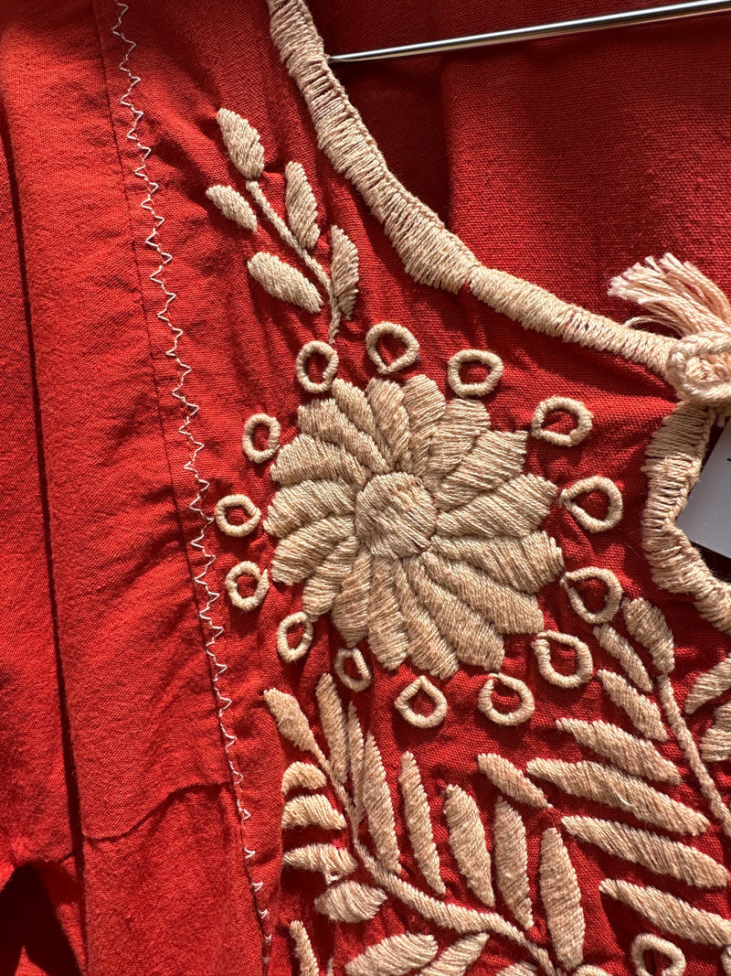 Rust Colored Embroidered Floral Mexican Blouse