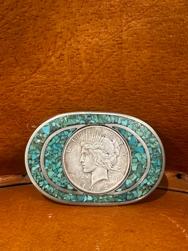 Peace Silver Dollar & Turquoise Belt Buckle