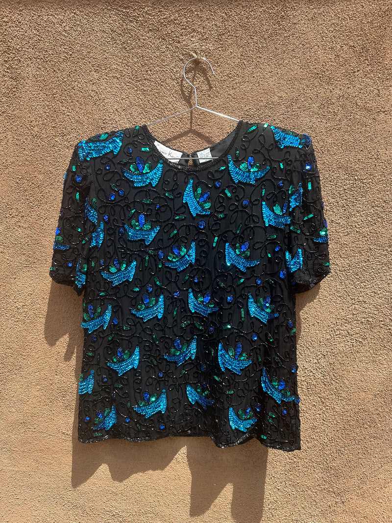Black Silk Blouse with Green and Blue Sequins by Laurence Kazar - Medium