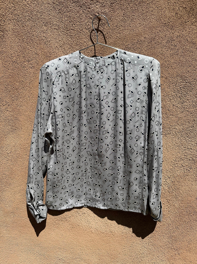 Anne Klein Silk Blouse, Gray with Black Squares