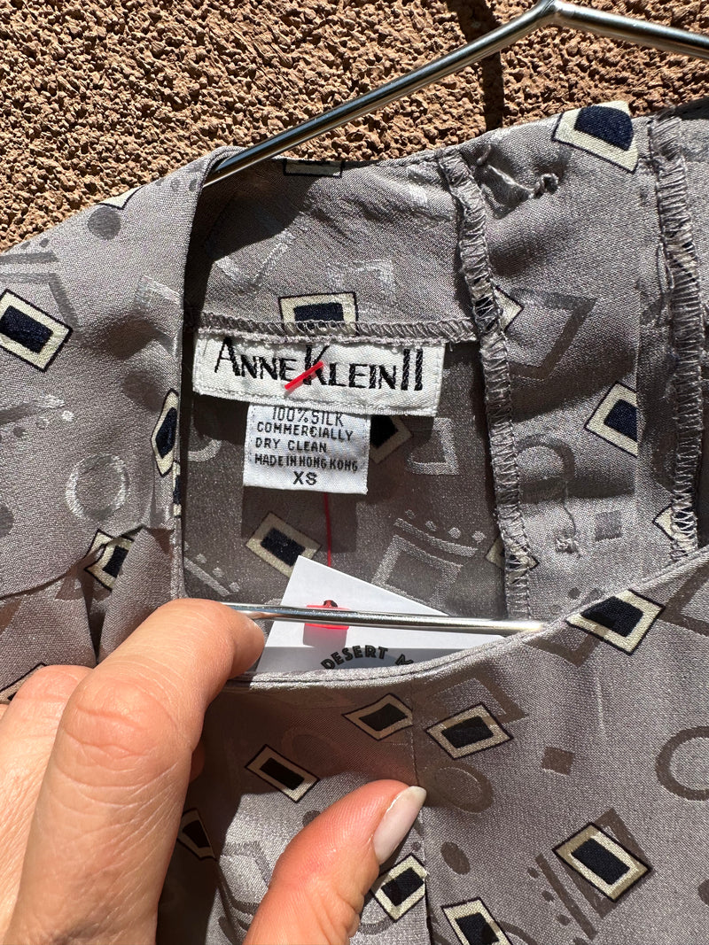 Anne Klein Silk Blouse, Gray with Black Squares