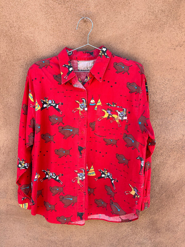 Long Sleeve Bison and Native American Print Cotton Blouse