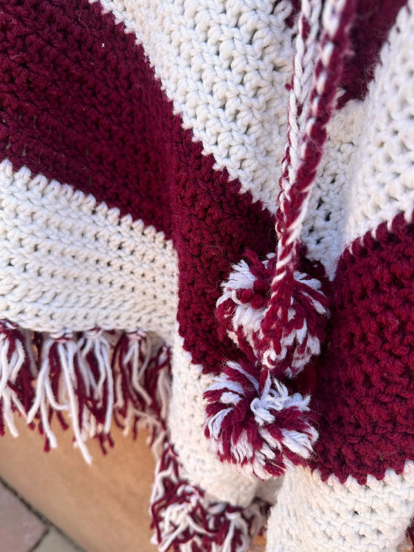Maroon & White Crochet Poncho