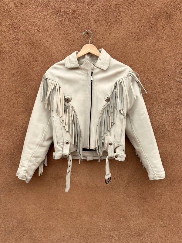 Women's White Western Leather Fringe Biker Jacket with Conchos