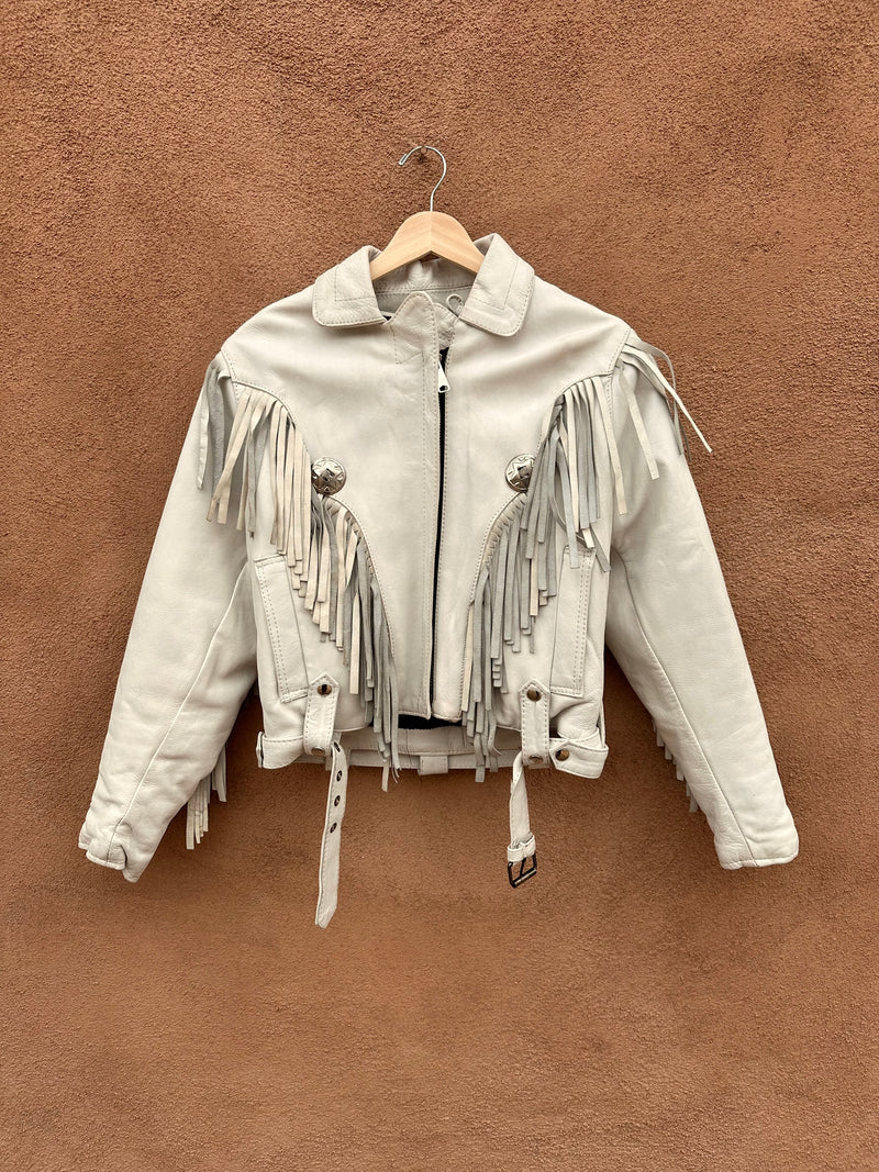 Women's White Western Leather Fringe Biker Jacket with Conchos