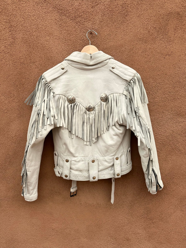 Women's White Western Leather Fringe Biker Jacket with Conchos