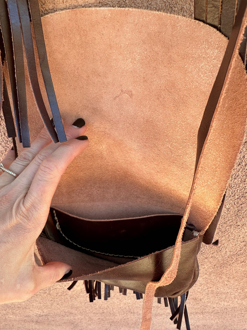 Fringe Purse, Brown Leather with Heavy Stitch