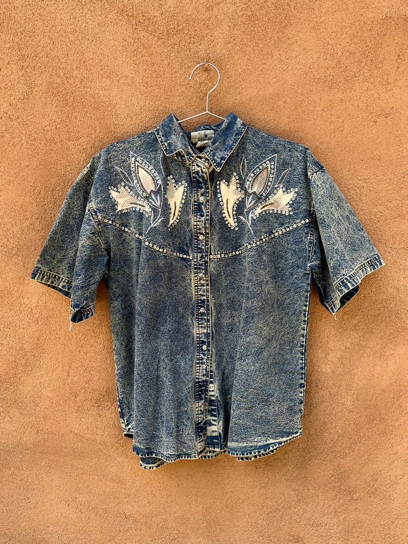 Blue Sapphire Acid Washed Sequins Blouse