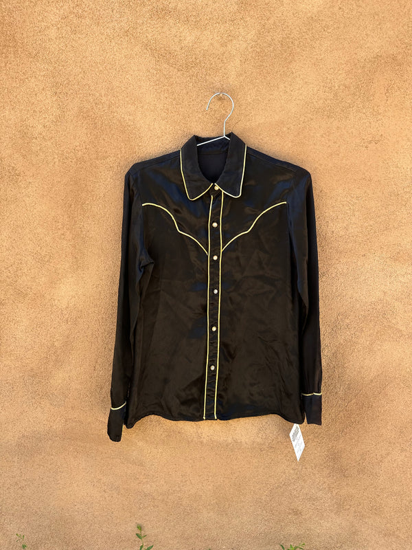 Black Satin Western Shirt with Gold Piping