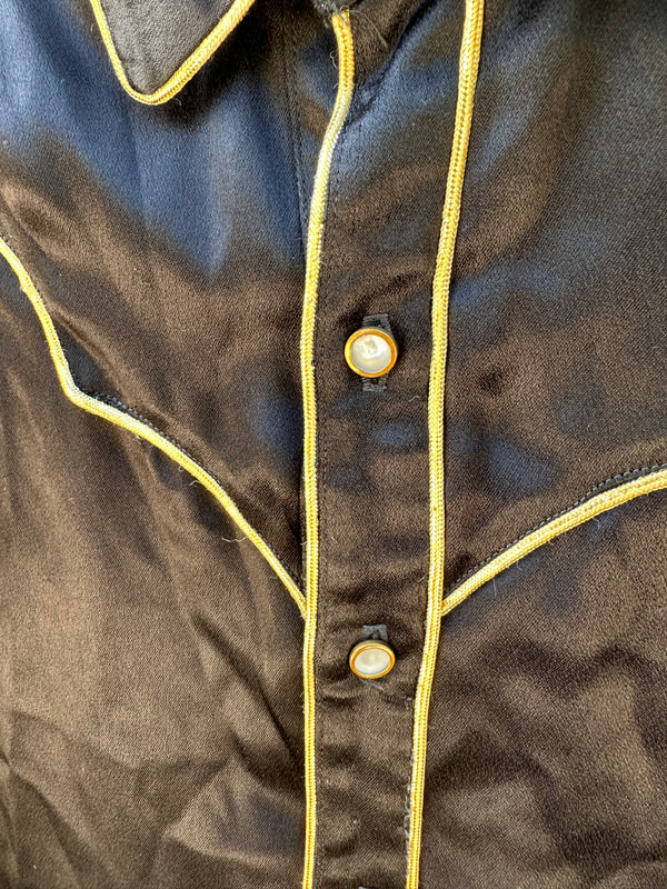 Black Satin Western Shirt with Gold Piping