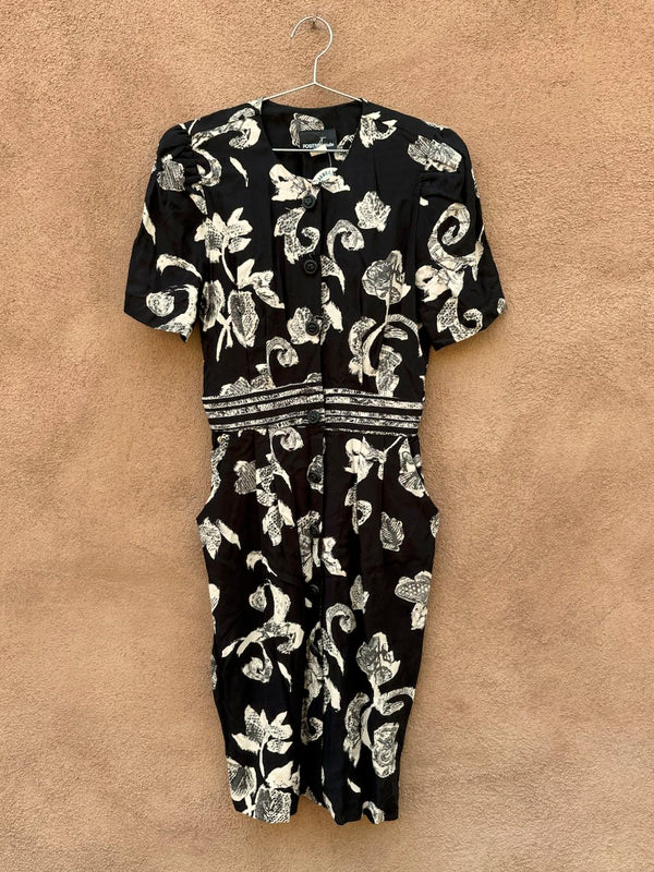Black and Tan Floral 1980's Dress by Positive Attitude