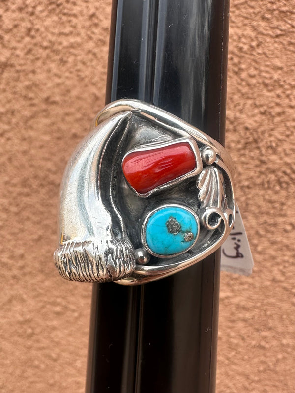 Turquoise and Coral Bear Claw Sterling Silver Ring
