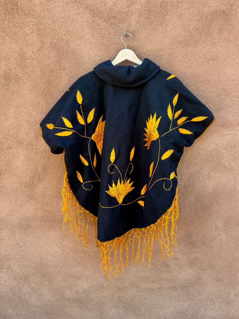 Black Wool Poncho with Gold Fringe & Embroidery