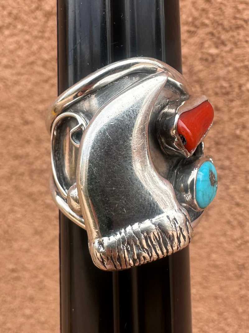 Turquoise and Coral Bear Claw Sterling Silver Ring