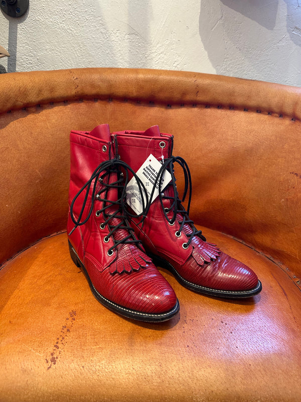 Red Leather & Lizard Justin Packer Boots - 7B