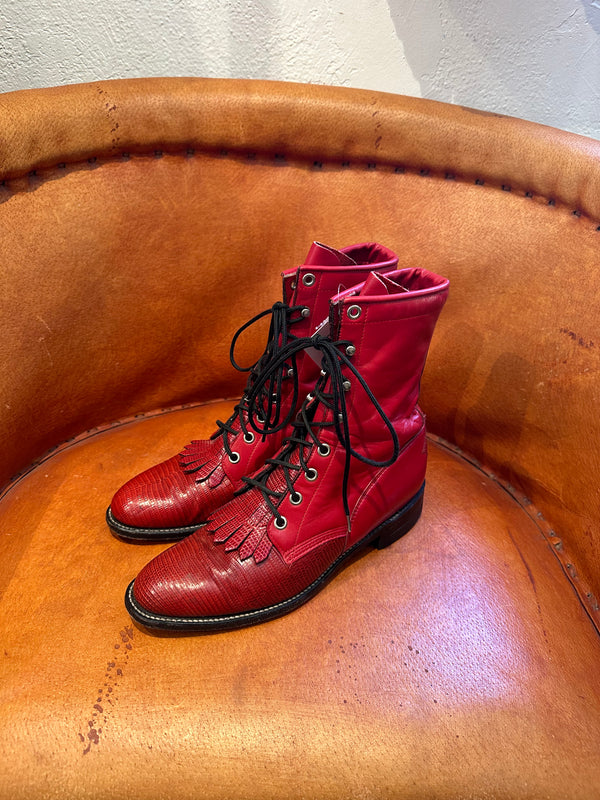 Red Leather & Lizard Justin Packer Boots - 7B