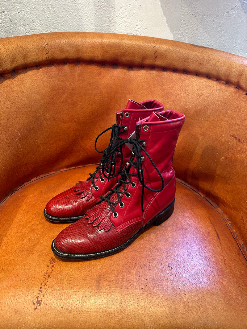 Red Leather & Lizard Justin Packer Boots - 7B
