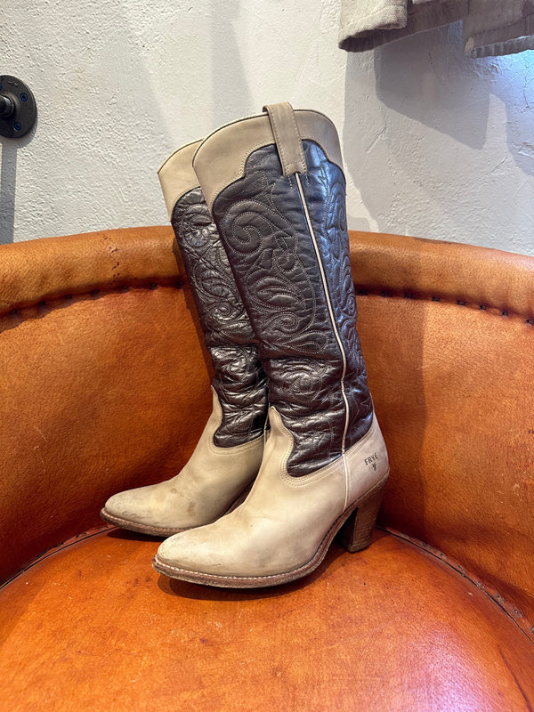 Silver & Cream Frye Boots with Tall Stacked Heel - 7.5M