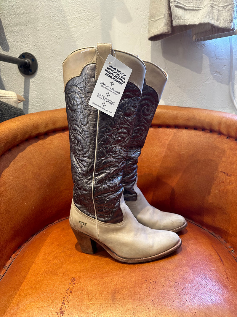 Silver & Cream Frye Boots with Tall Stacked Heel - 7.5M