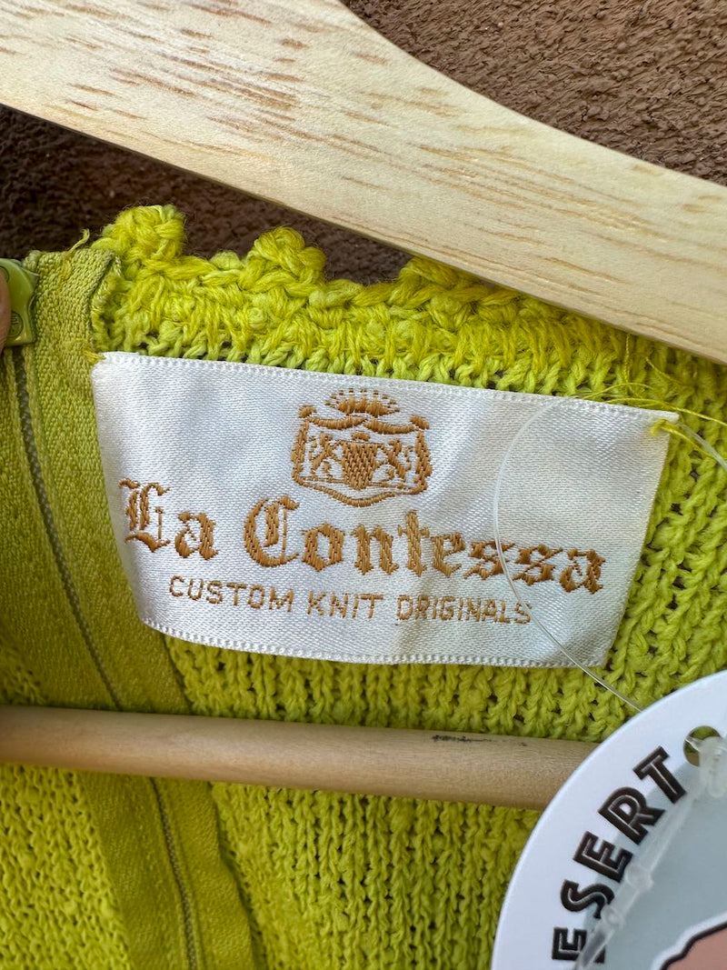 1960's Neon Green/Chartreuse Mo Boho La contessa Dress with Belt & Necktie