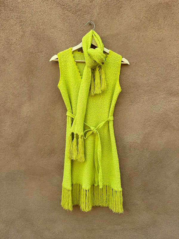 1960's Neon Green/Chartreuse Mo Boho La contessa Dress with Belt & Necktie