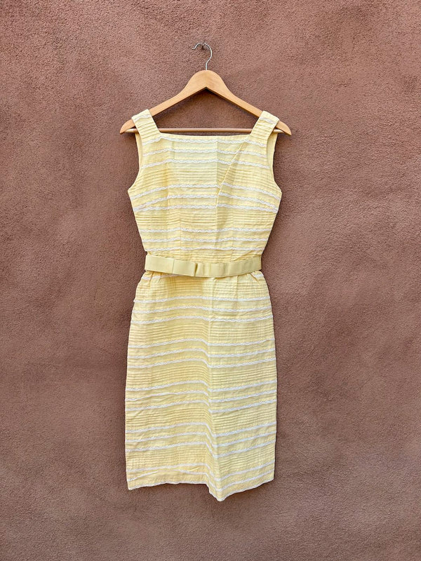 1960's Yellow Lace & Pin Tucked Belted Dress