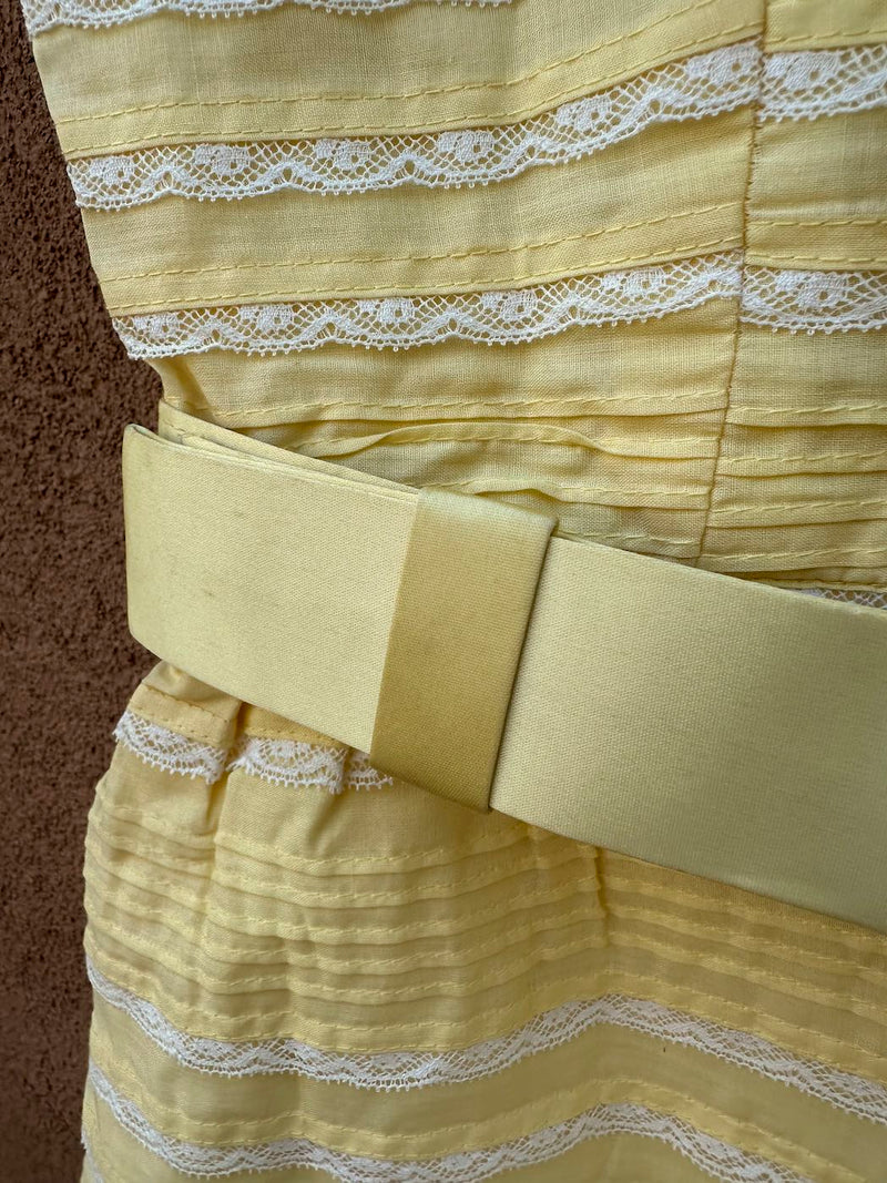 1960's Yellow Lace & Pin Tucked Belted Dress