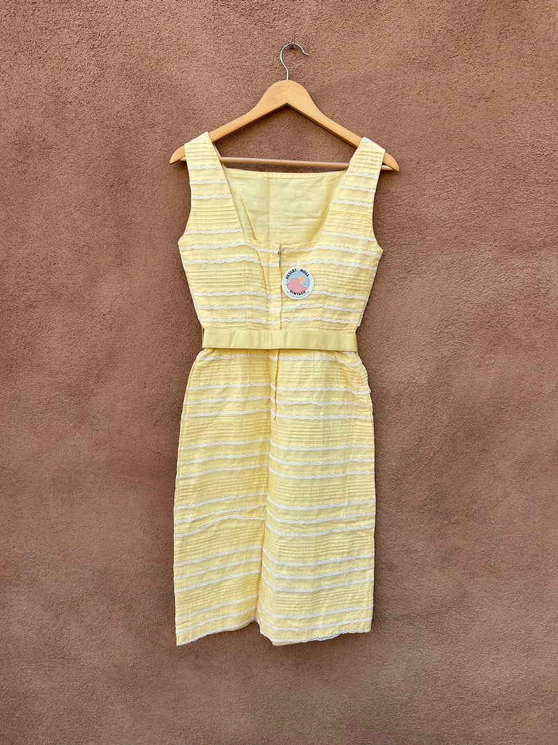 1960's Yellow Lace & Pin Tucked Belted Dress