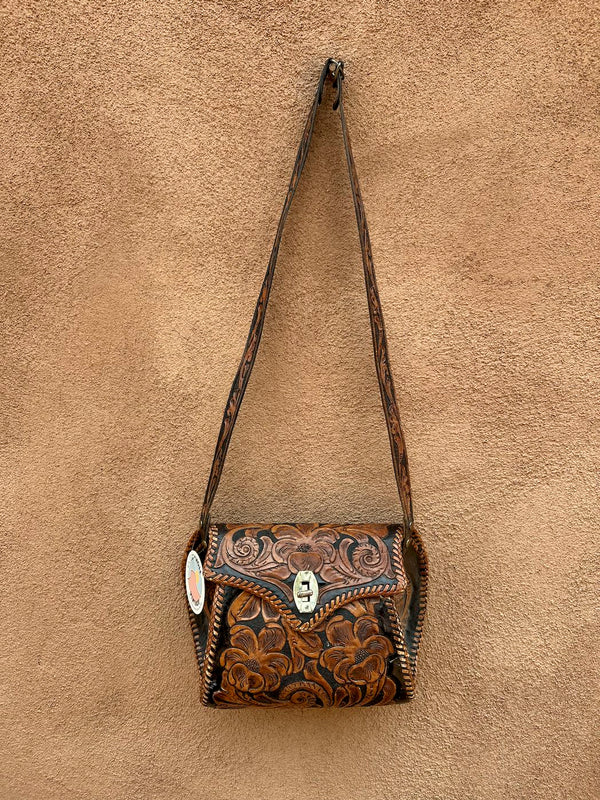Dark Patina 1960's Hand Tooled Leather Purse with Tooled Strap