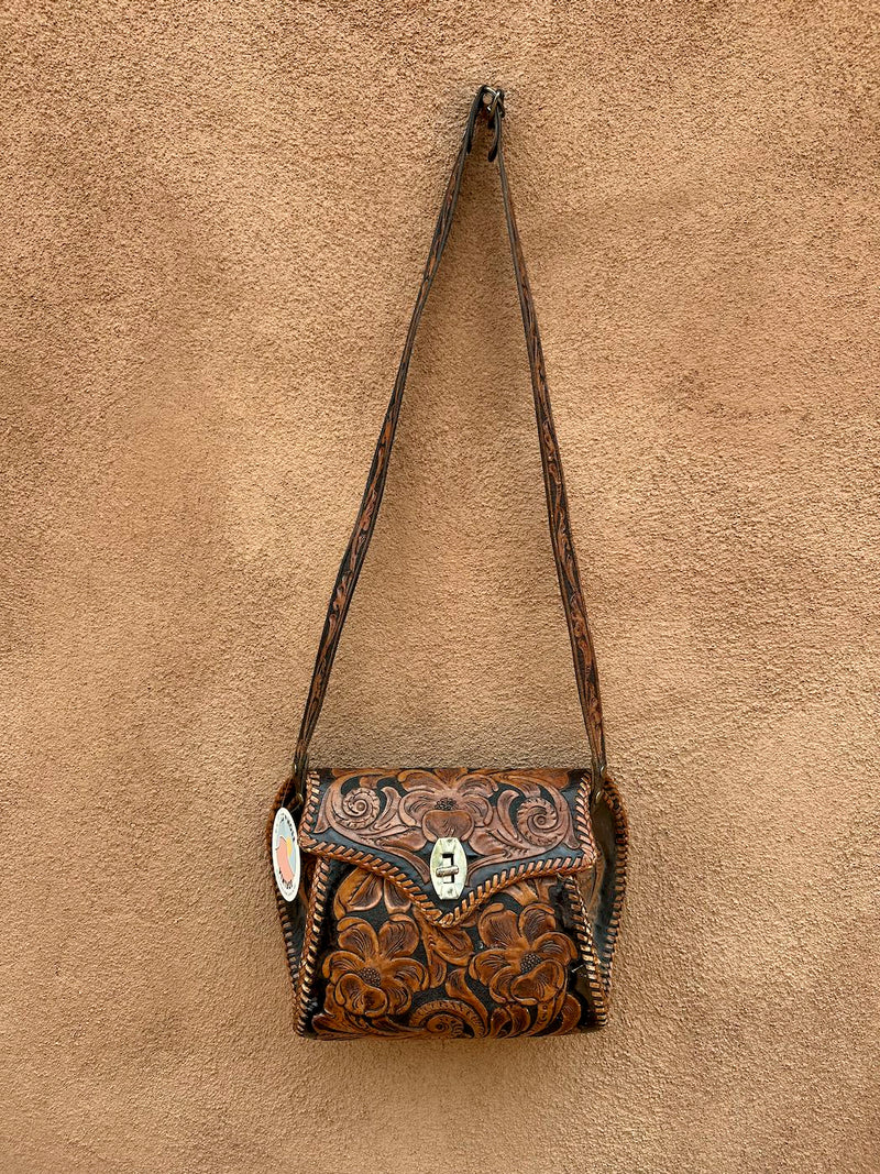 Dark Patina 1960's Hand Tooled Leather Purse with Tooled Strap