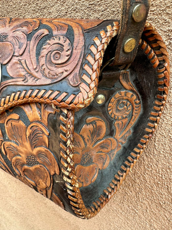 Dark Patina 1960's Hand Tooled Leather Purse with Tooled Strap