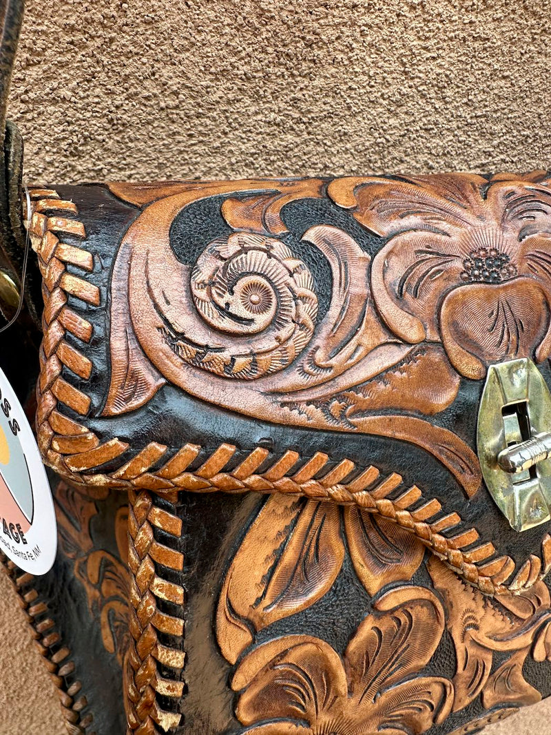 Dark Patina 1960's Hand Tooled Leather Purse with Tooled Strap