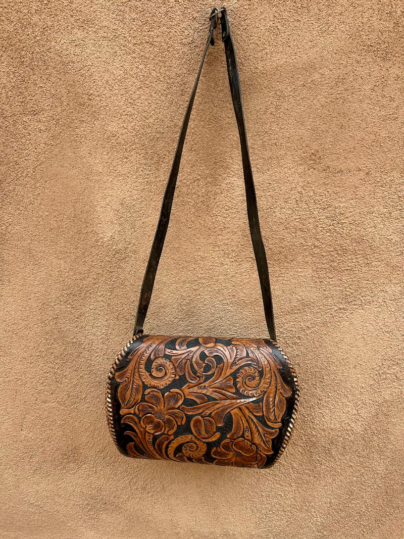 Dark Patina 1960's Hand Tooled Leather Purse with Tooled Strap