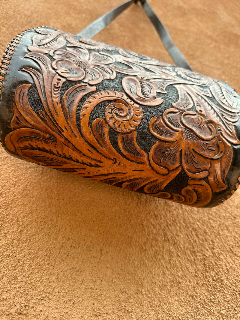 Dark Patina 1960's Hand Tooled Leather Purse with Tooled Strap