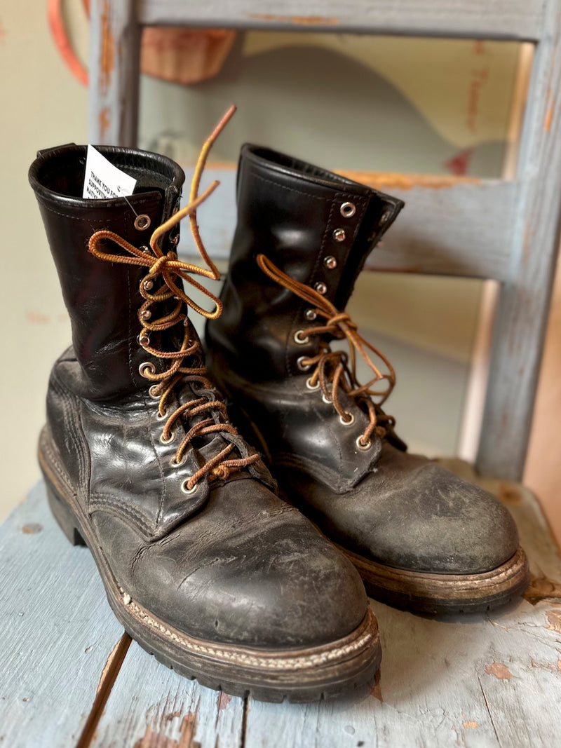 Vintage Linesman Boots Black Leather Men 9.5 Steel Toe Vintage Linesman Boot Steel Toe Climber Combat Work Black  main image 2