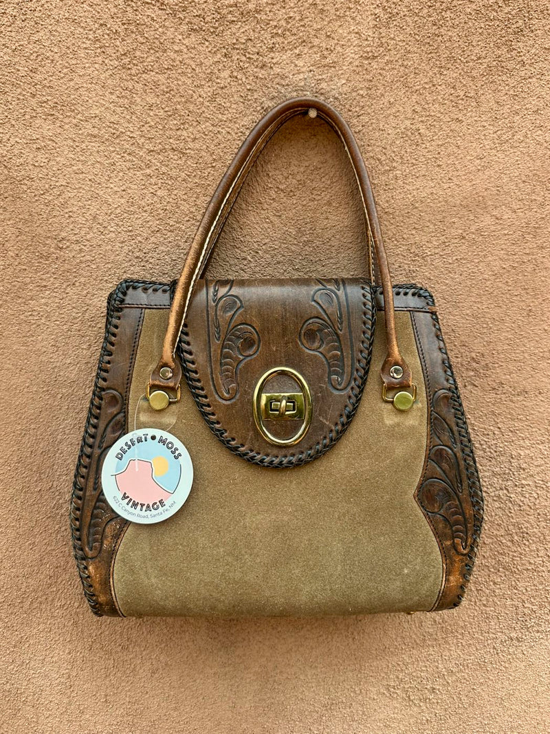 Suede & Hand Tooled Leather 1960's Handbag