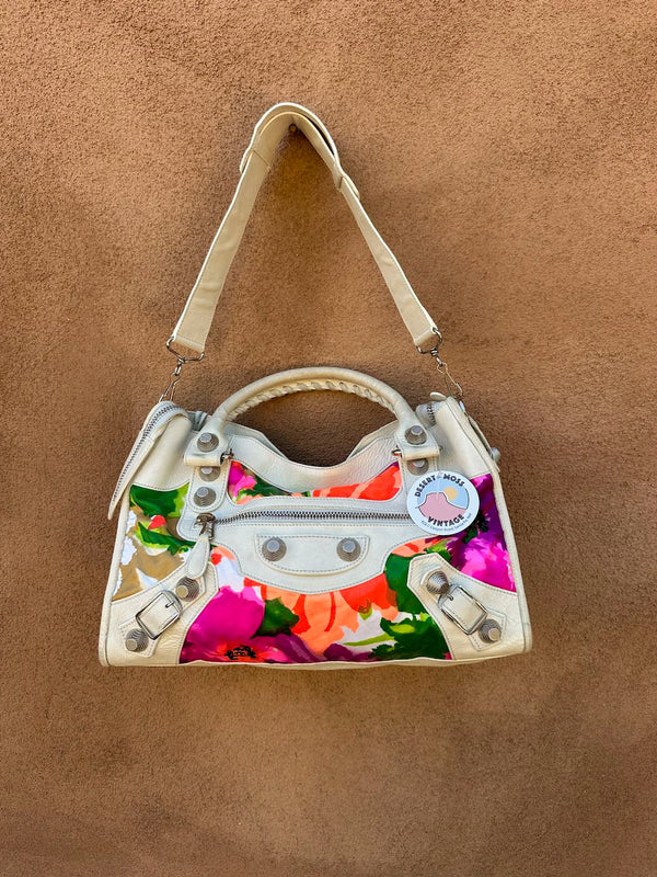 Balenciaga Satin & Eggshell Leather Motocross Giant City Bag