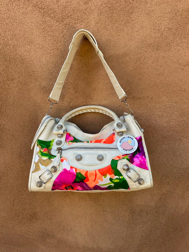 Balenciaga Satin & Eggshell Leather Motocross Giant City Bag