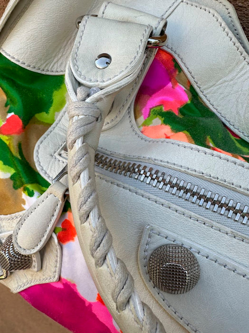 Balenciaga Satin & Eggshell Leather Motocross Giant City Bag