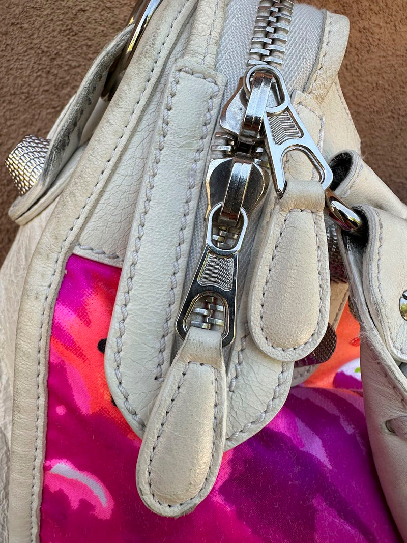 Balenciaga Satin & Eggshell Leather Motocross Giant City Bag