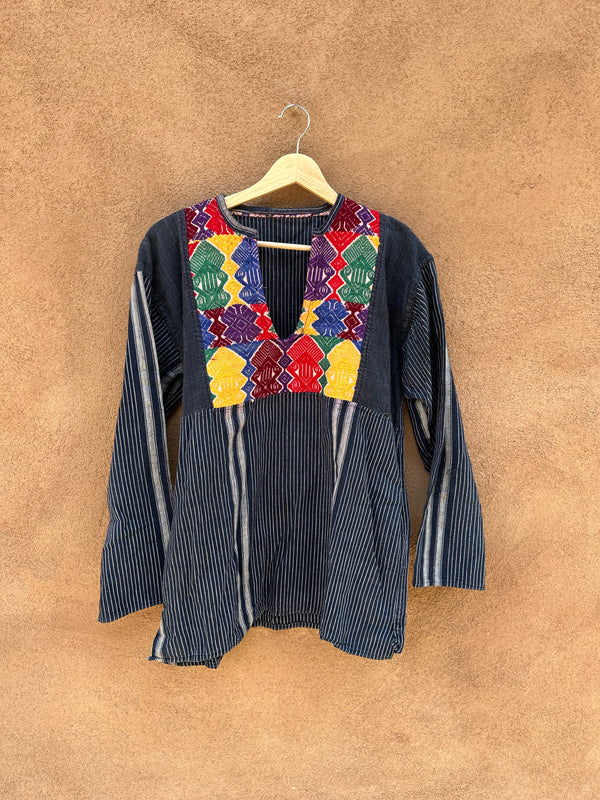 Colorfully Embroidered & Cotton Navy Stripe Textile Top