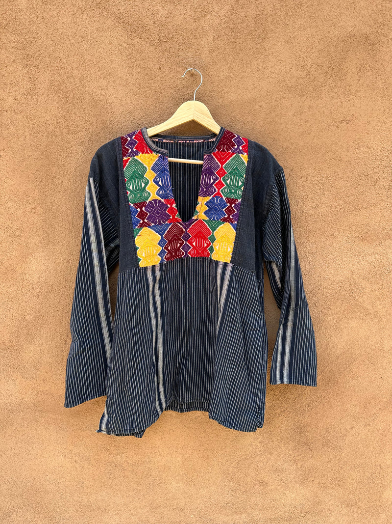 Colorfully Embroidered & Cotton Navy Stripe Textile Top