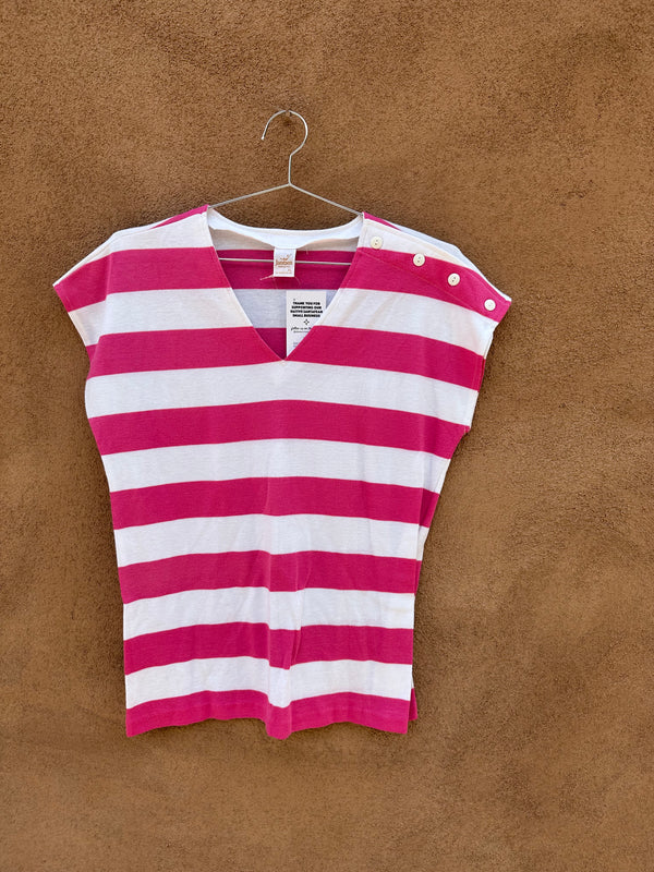 Pink & White Striped Jantzen V-neck Top