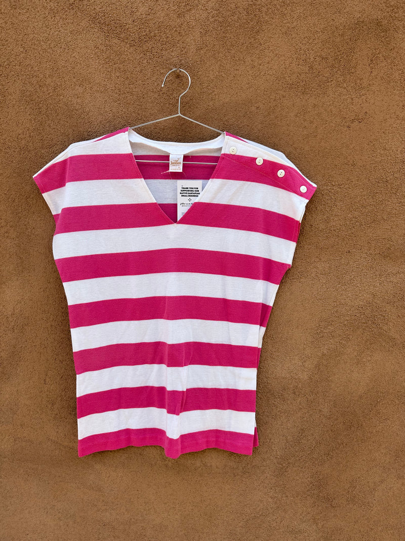 Pink & White Striped Jantzen V-neck Top