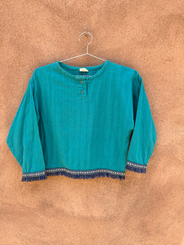 Blue Cotton Long Sleeve Top with Fringe